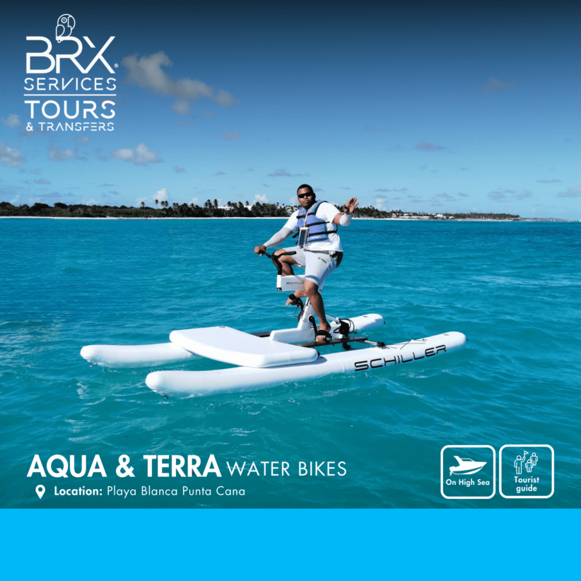 Water bikes in crystal clear waters of Punta Cana. Tourists enjoying water bikes in Playa Blanca. Underwater view of manta rays and turtles during the tour. People snorkeling in crystal clear waters. Hamburger plate and pizza for lunch included in the tour.